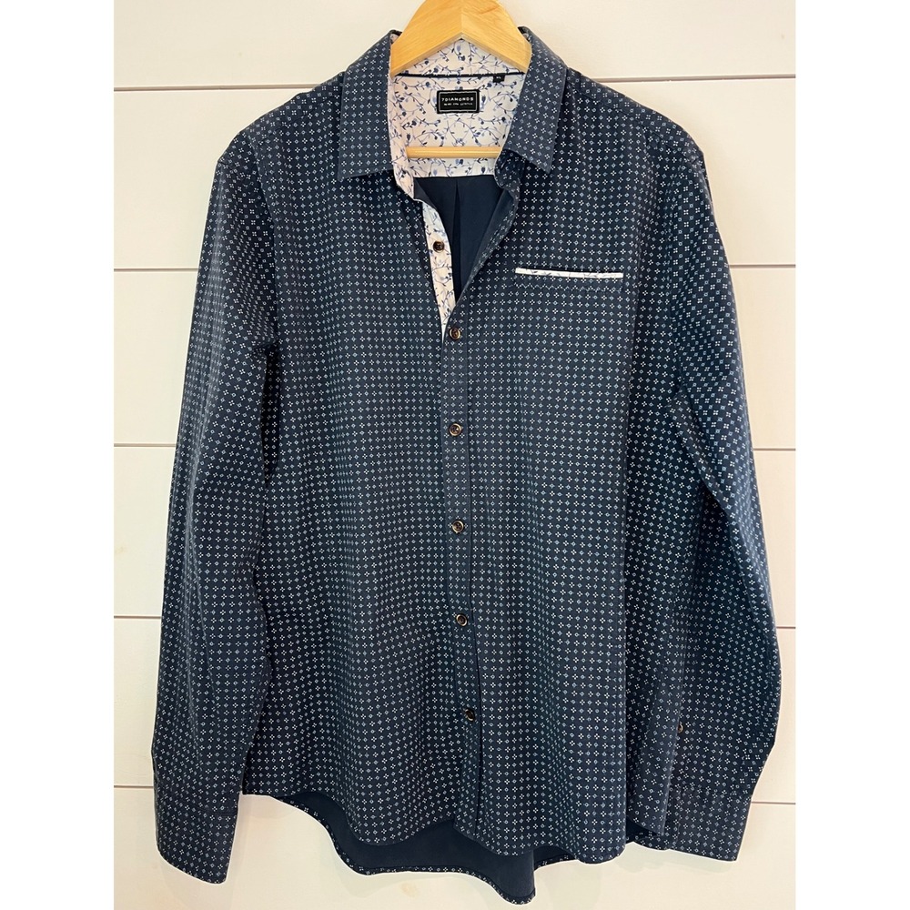 7Diamonds Mens XL Navy Blue Geometric Print Button Down Shirt Buckle Exclusive